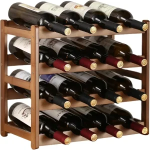 4Tier Bamboo Wine Rack Storage Cabinet Shelf for Basement Kitchen Countertop Freestanding 16Bottle Wine Bottle Holder with Eleg