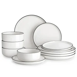 12/24 Piece Black Rim Ceramic Porcelain Dinnerware Set